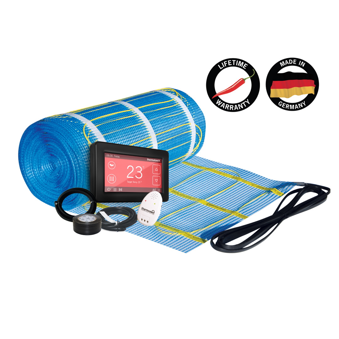 Thermonet EZ 150W/m² Self Adhesive 18x0.5m - 9.0m² 1350Watts Floor Heating Kit Including Black 5246 Dual Thermostat