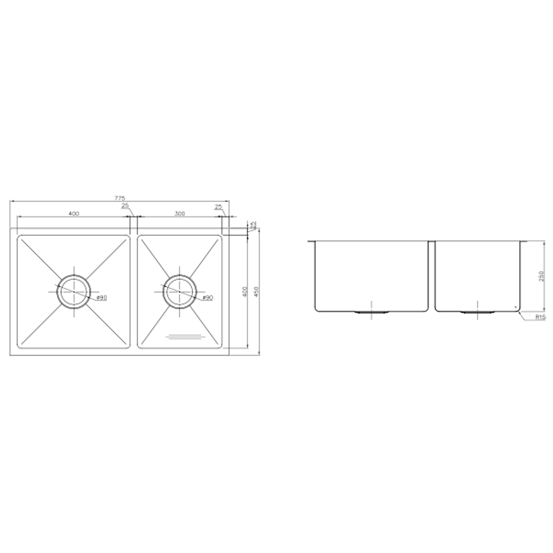Uptown 250 1 & 3/4 Double Bowl Interchange Sink 775 X 450 X 250 - Radius Corner