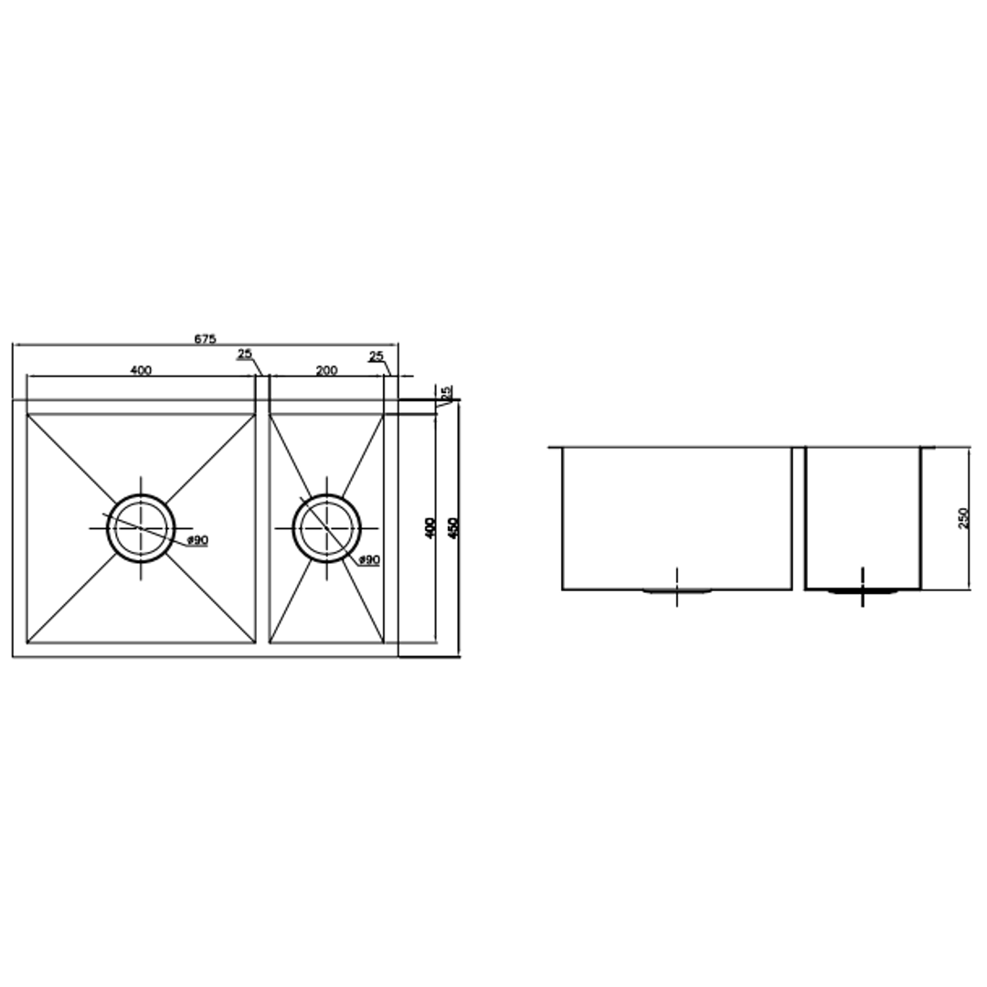 Uptown 250 1 & 1/2 Double Bowl Interchange Sink 674 X 450 X 250 - Square Corner