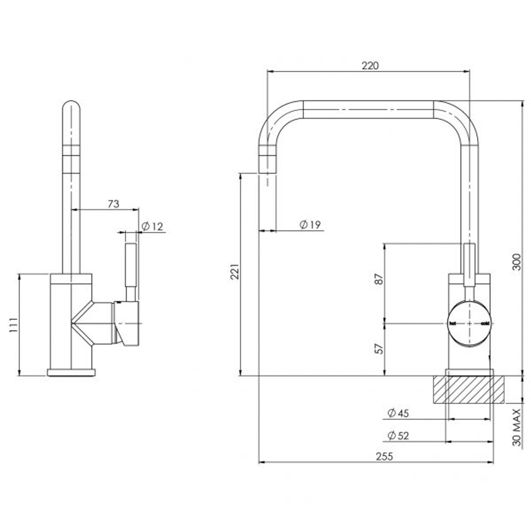 Phoenix Vivid Sidelever Mixer 220mm Squareline - Chrome