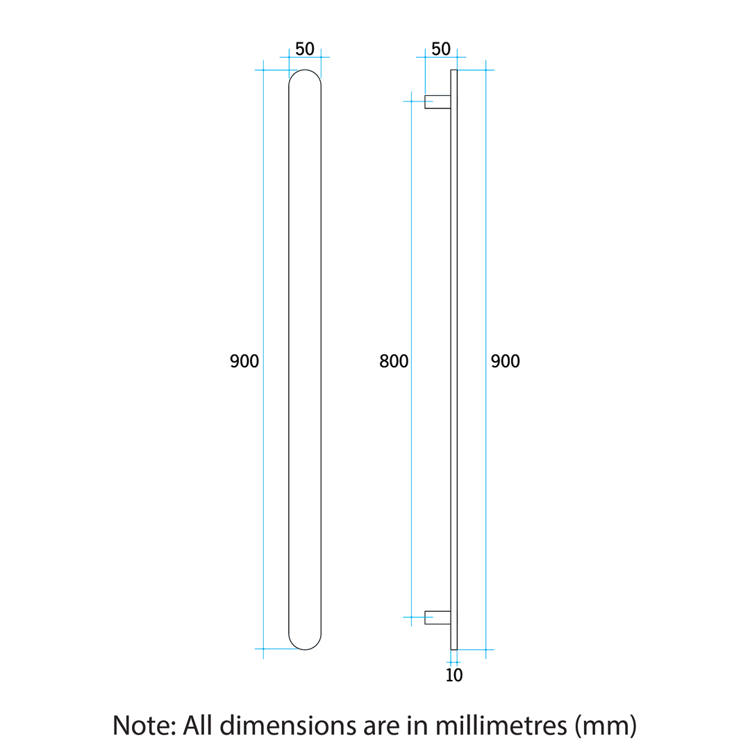 Thermorail FLAT/PILL 12VOLT BRUSHED STAINLESS VERTICAL BAR 900X50X50MM 20WATTS