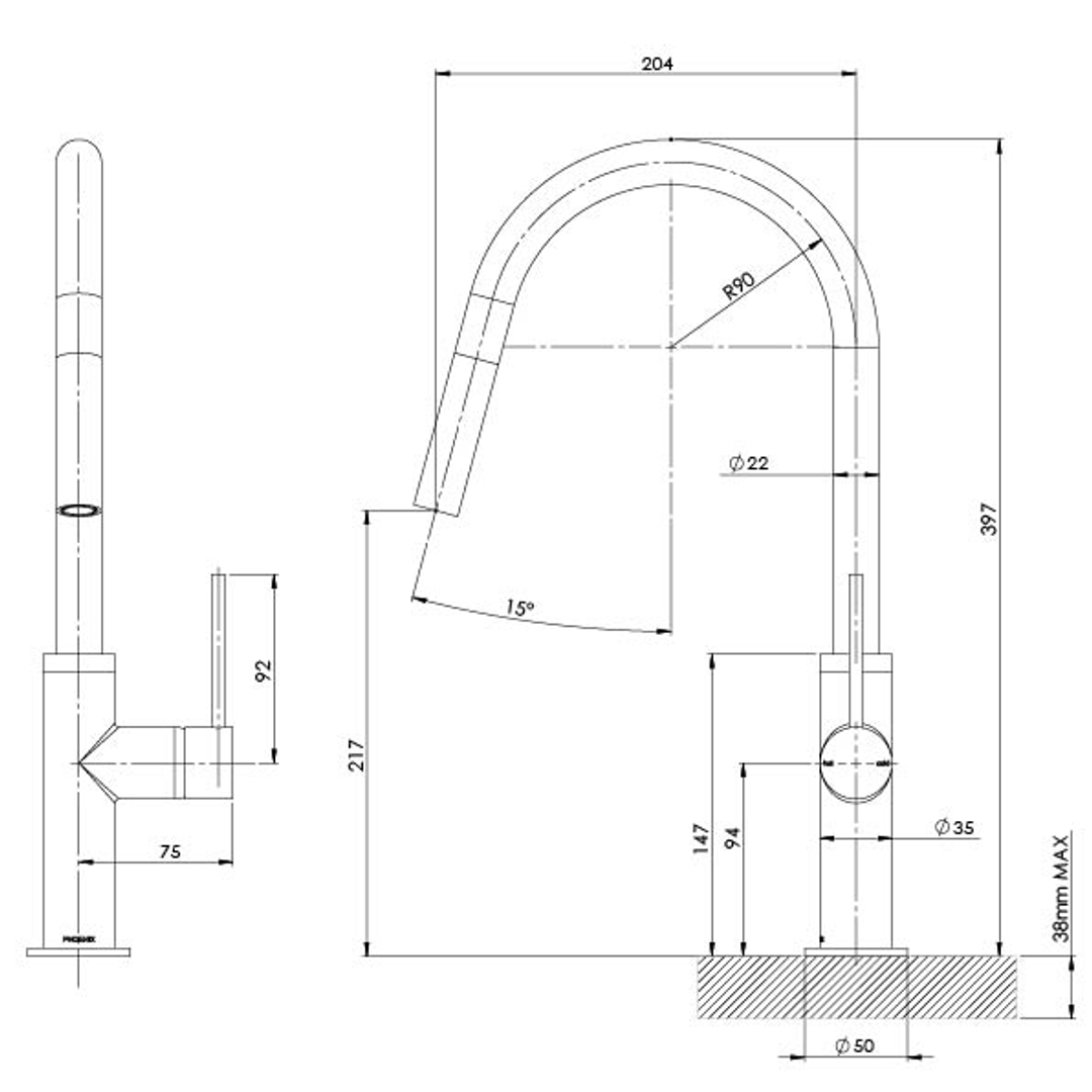Vivid Slimline Pull Out Sink Phoenix Mixer - Brushed Carbon