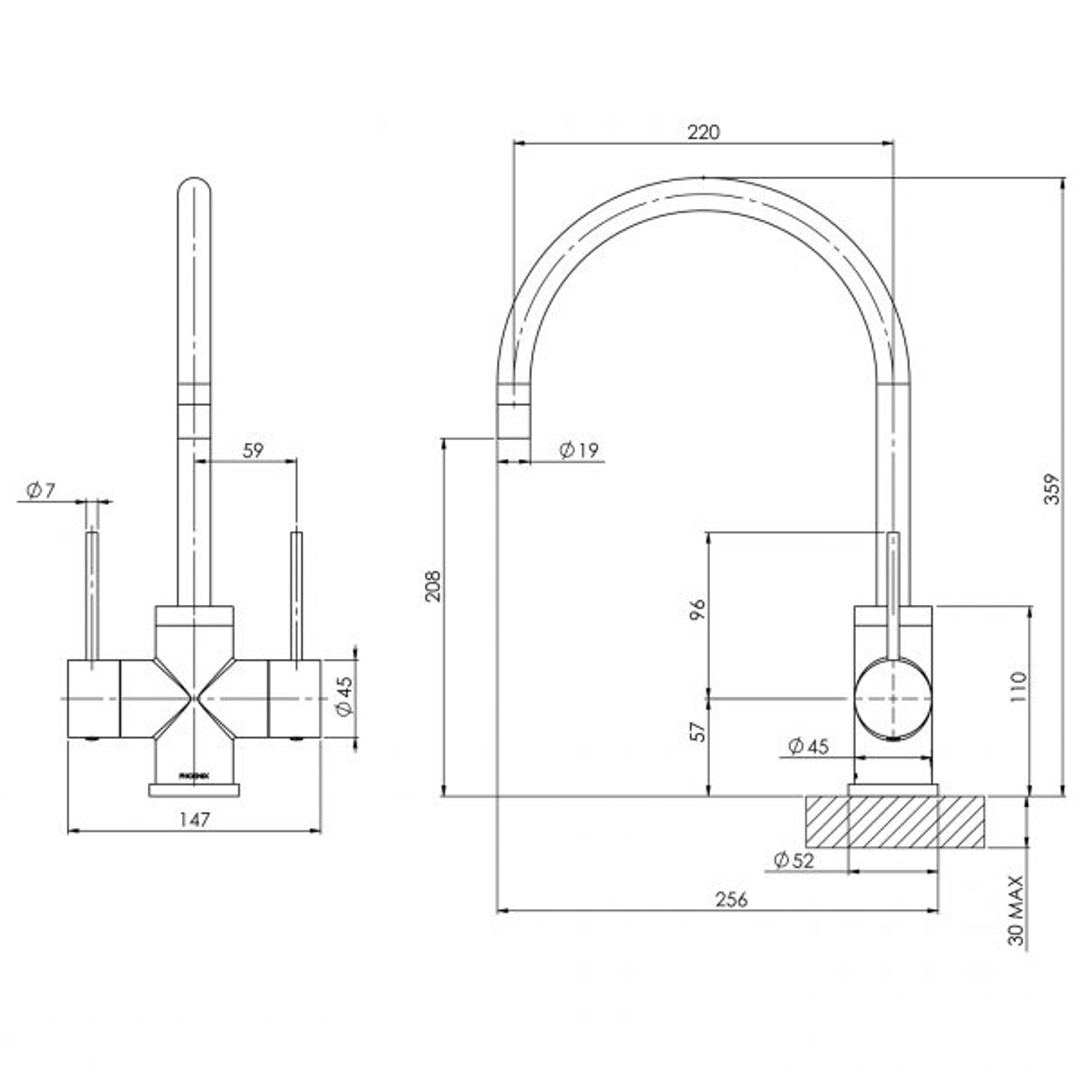 Vivid Slimline Twin Hdl Sink Phoenix Mixer 220mm Gooseneck - Chrome