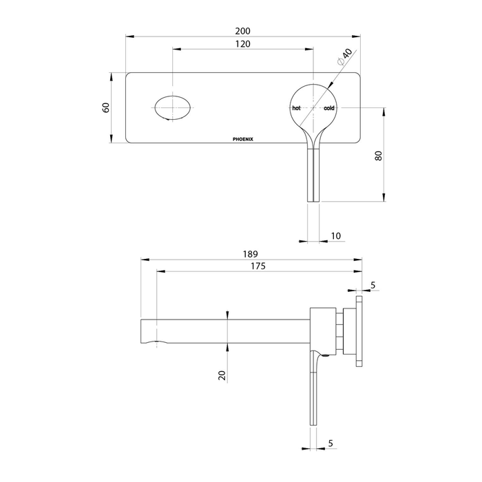 Phoenix Vivid Slimline Oval Switchmix Wall Basin/Bath Mixer Set 175mm Fit-Off Kit Chrome