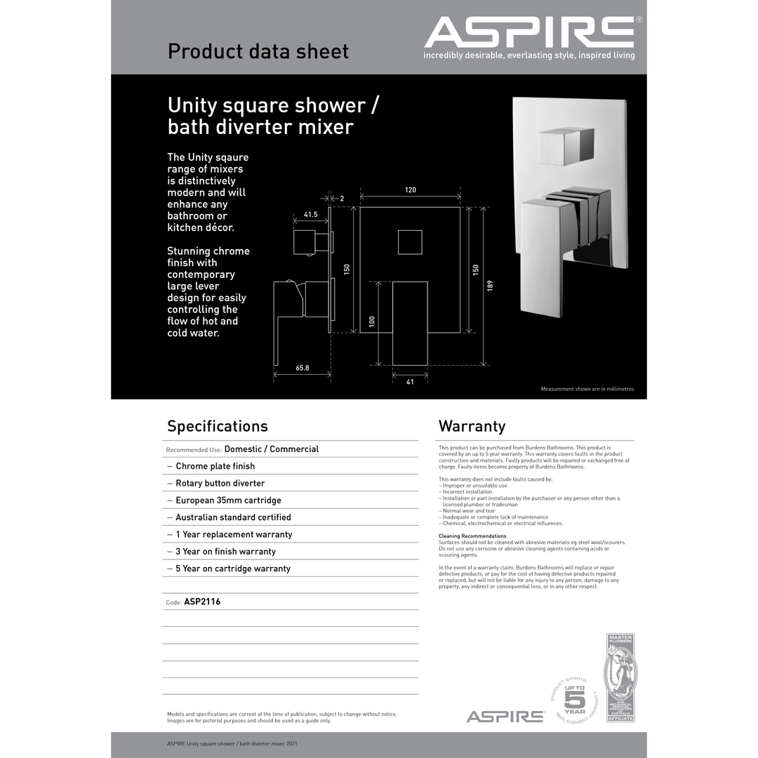 Aspire Unity Square Shower Mixer W/ Diverter - Chrome