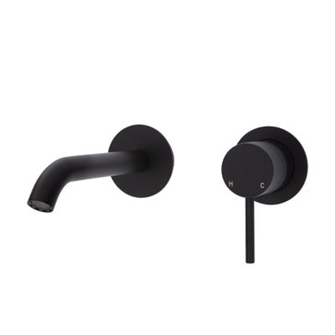 Fienza Kaya Basin/Bath Wall Mixer Set Round Plates 160mm Outlet - Matte Black/Matte Black