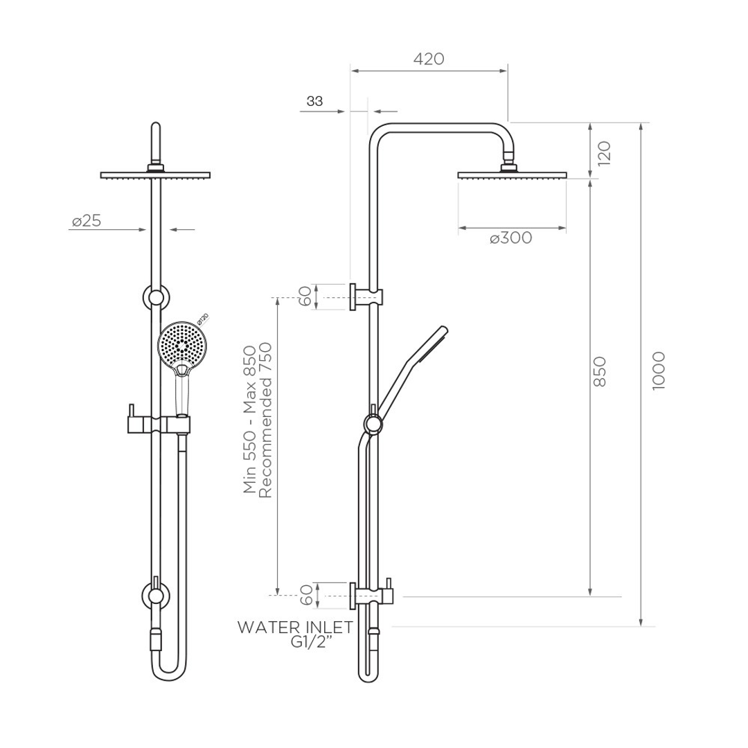 Streamline Axus Shower Column Top Div 300mm Head Air-Fusion H/Shower - Brushed Iron PVD