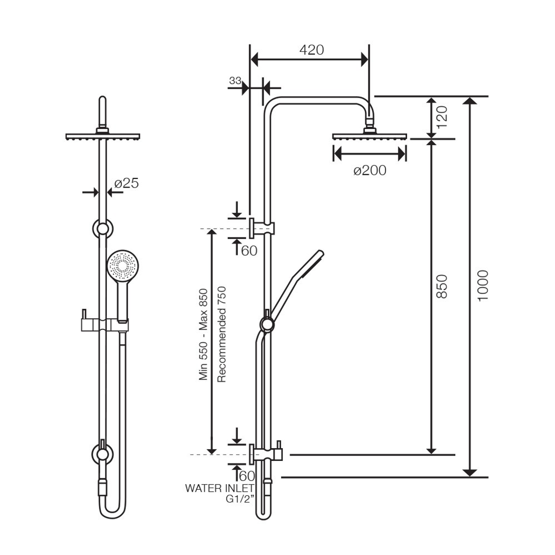 Streamline Axus Shower Column W.Slide Rail And Hand Shower Bottom Div - Rose Gold PVD