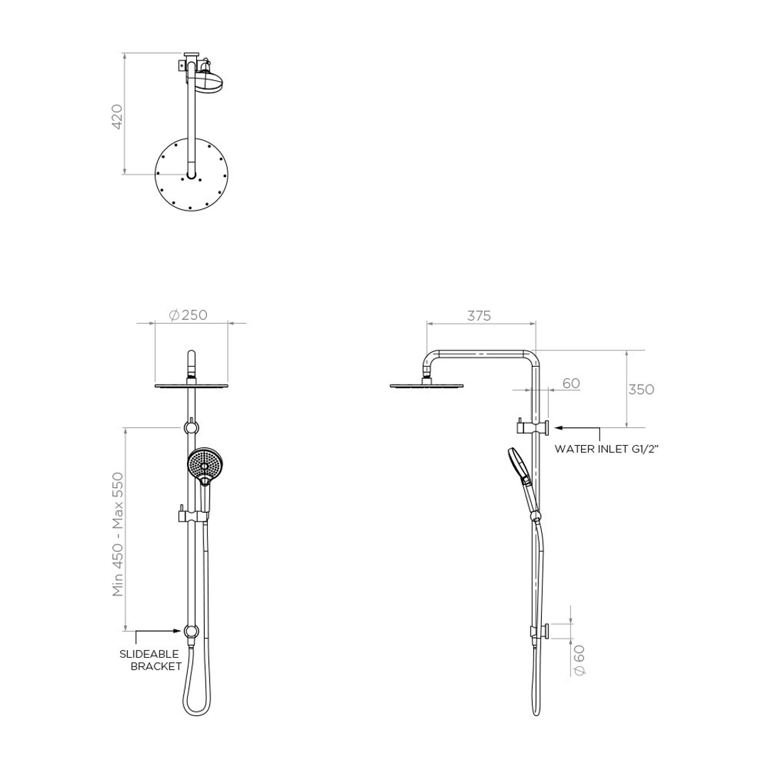 Streamline Axus Shower Column Top Div 250mm Head Air-Fusion H/Shower Brushed Nickel PVD