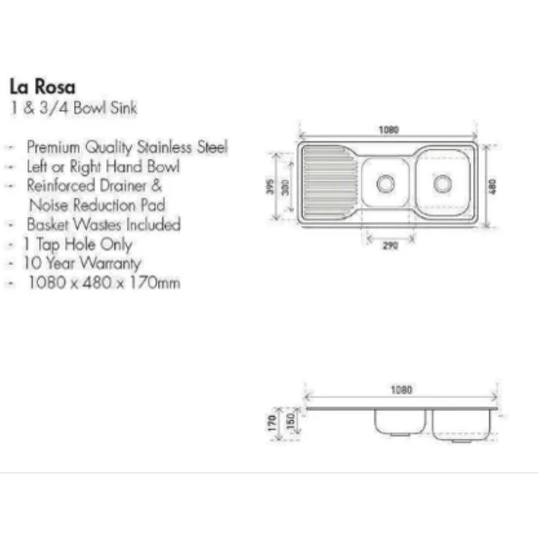 Aspire La Rosa 1 3/4 Bowl 1080X480 S/Steel Sink 1Th Right Hand Bowl