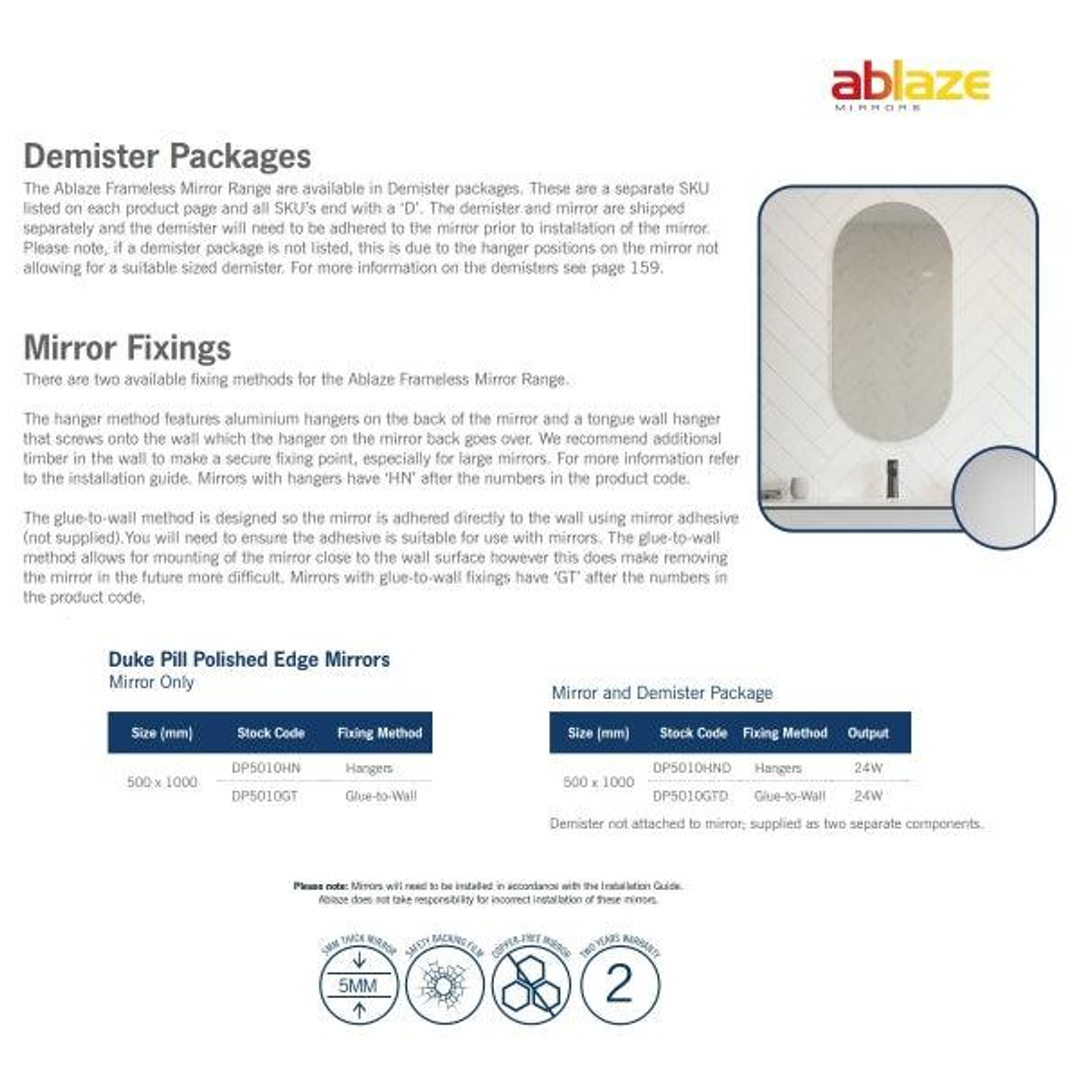 Duke Polished Edge Pill Thermogroup Mirror 500x1000mm - Glue to Wall