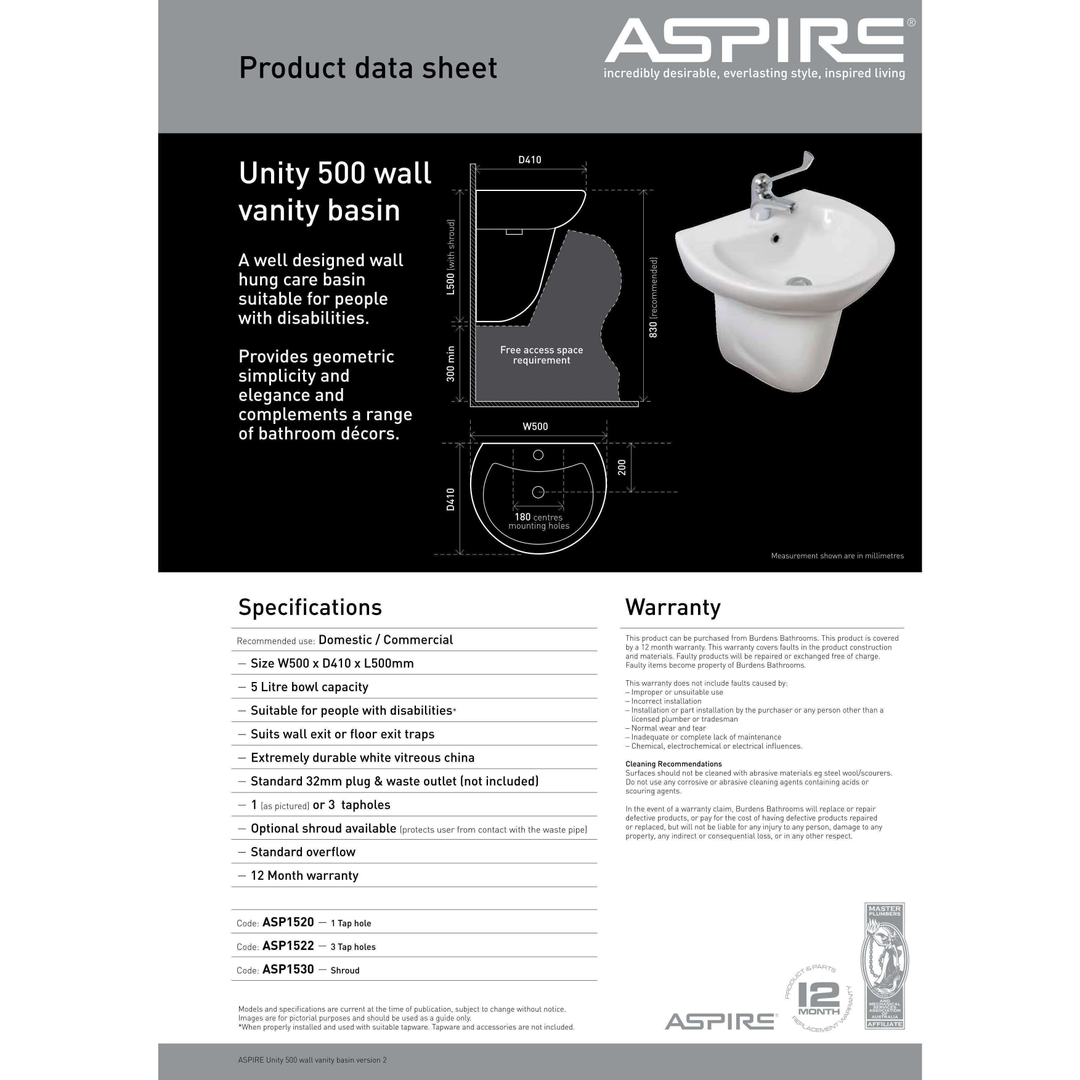 Aspire Unity 500 Wall Basin Only 500 X 410 3 Tap Hole - White