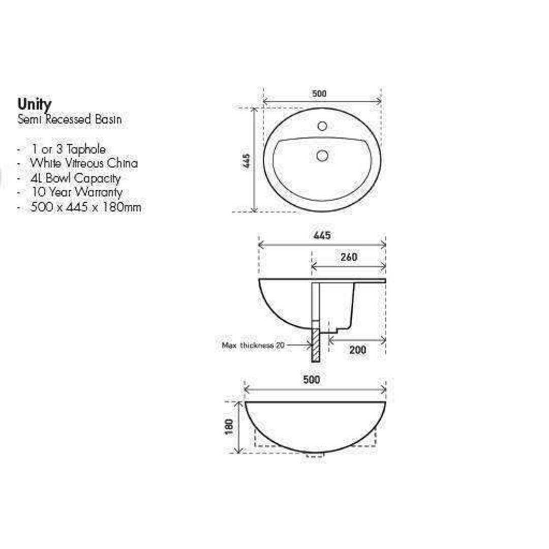 Aspire Unity Semi-Recess Round Basin 500X445 1 Tap Hole - White