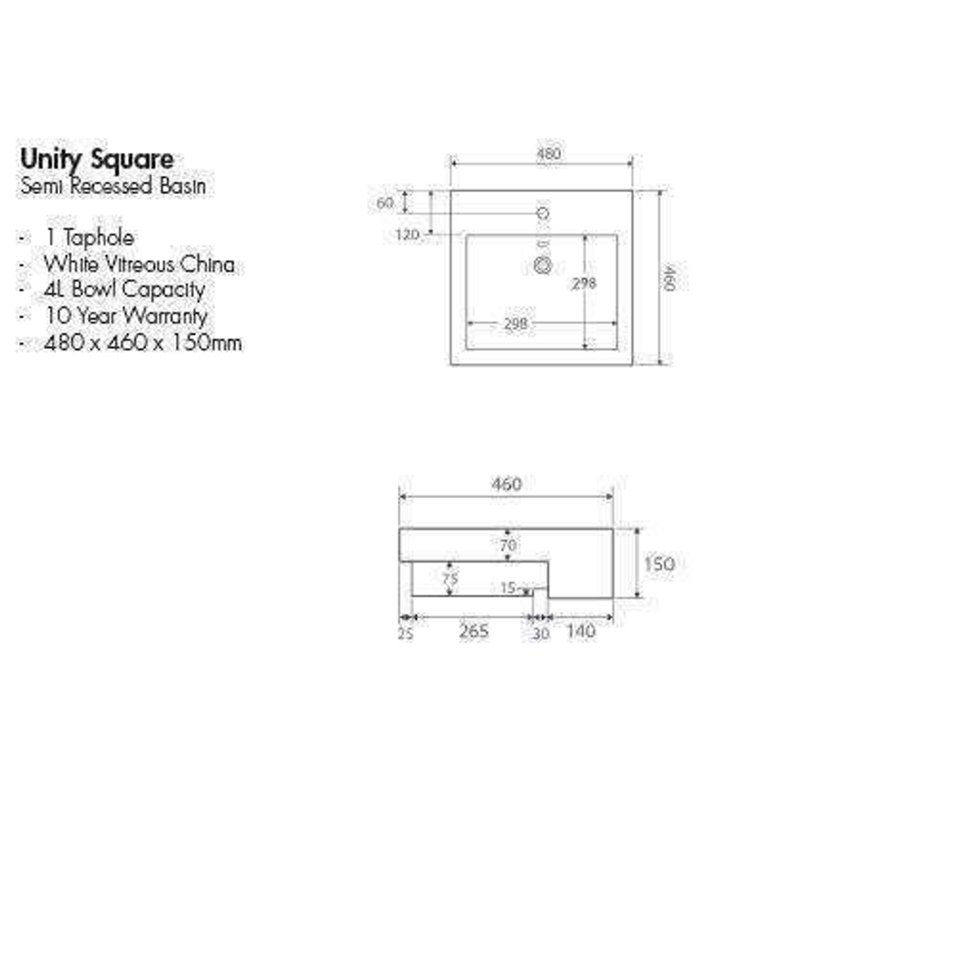 Aspire Unity Square Semi Recessed Basin - White 1 Tap Hole 480 X 460