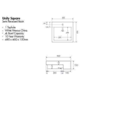 Aspire Unity Square Semi Recessed Basin - White 1 Tap Hole 480 X 460