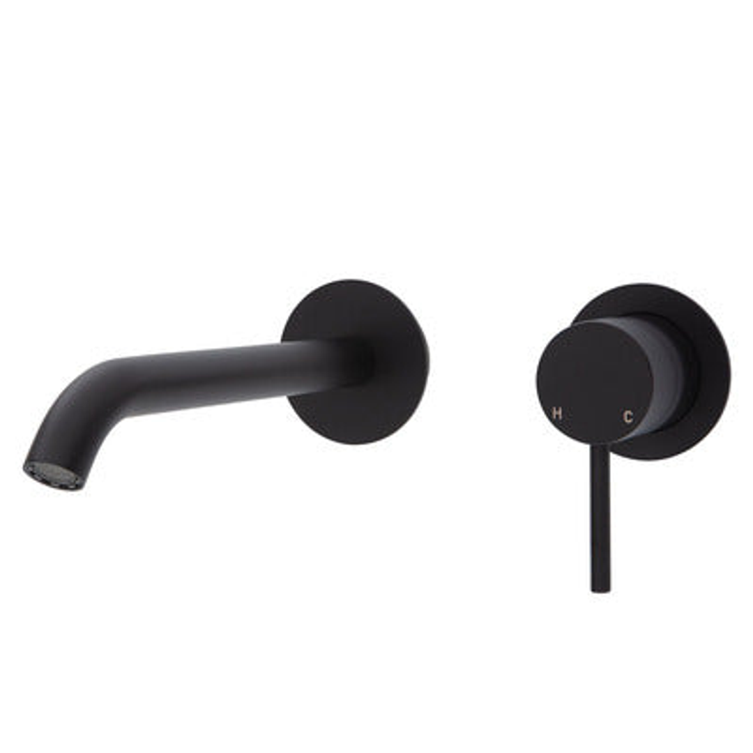 Fienza Kaya Basin/Bath Wall Mixer Set Round Plates 200mm Outlet - Matte Black/Matte Black