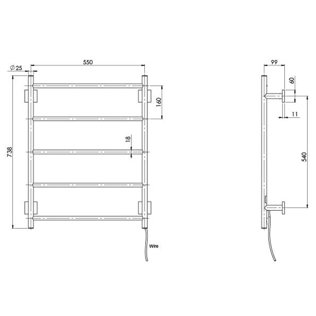 Heated Towel Phoenix Radii Ladder 550mm Square Plate - Matte Black