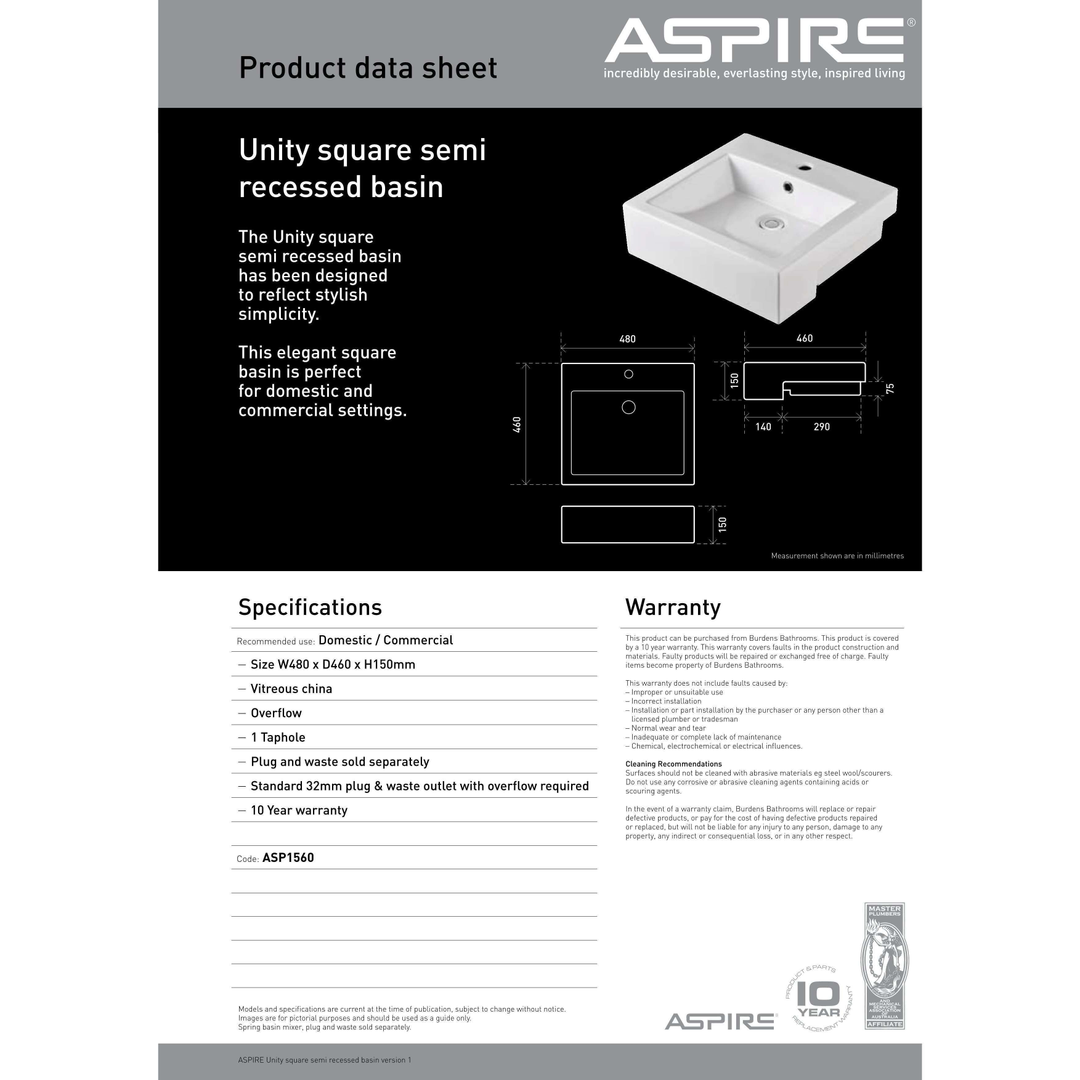 Aspire Unity Square Semi Recessed Basin - White 1 Tap Hole 480 X 460
