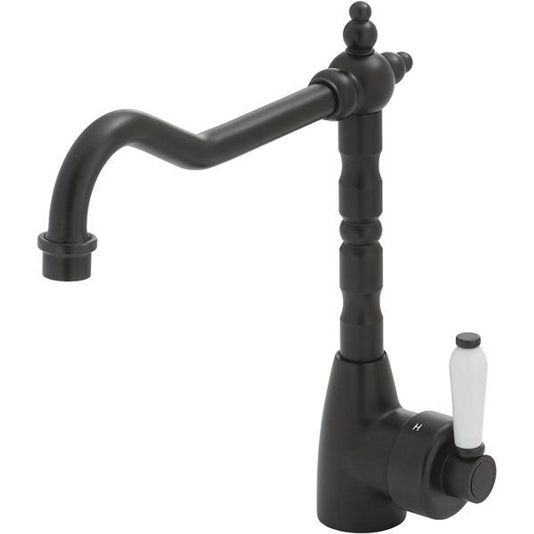 Fienza Eleanor Shepherds Crook Kitchen Sink Mixer - Matte Black With White Ceramic Handle