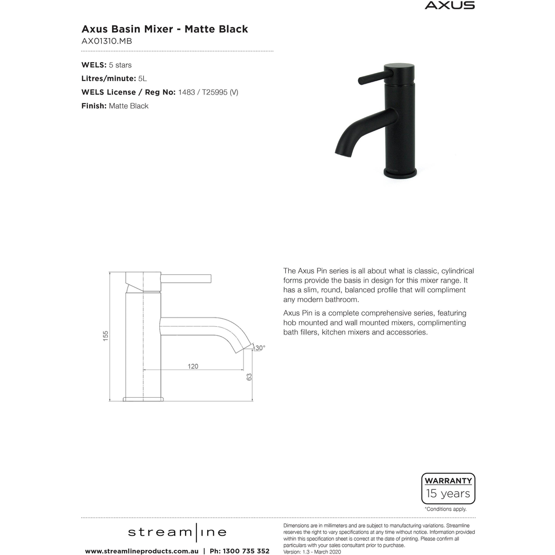 Axus Pin Lever Basin Arcisan Streamline Mixer - Matt Black