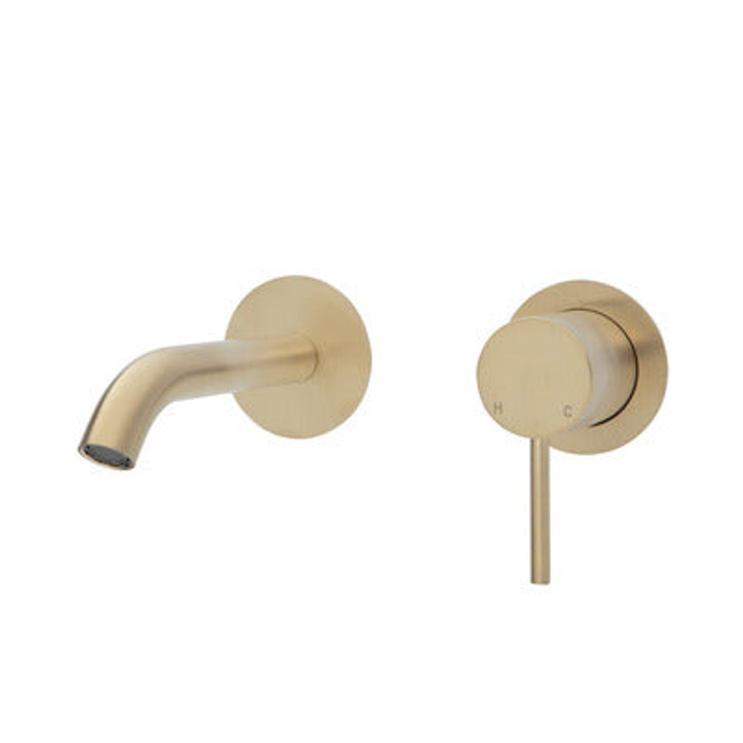 Fienza Kaya Basin/Bath Wall Mixer Set Round Plates 160mm Outlet - Urban Brass/Urban Brass