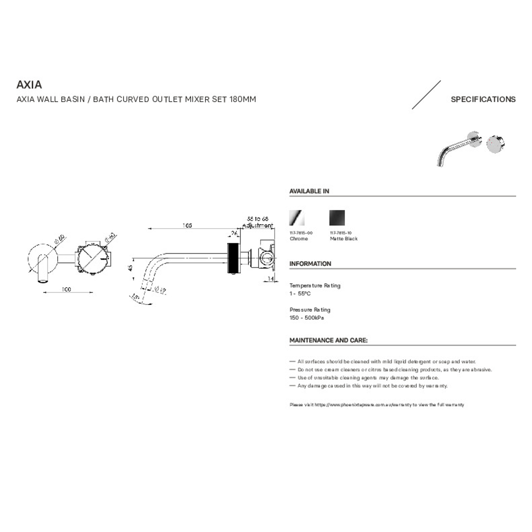 Axia Wall Basin/Bath Curved Outlet Phoenix Mixer Set 180mm - Matte Black