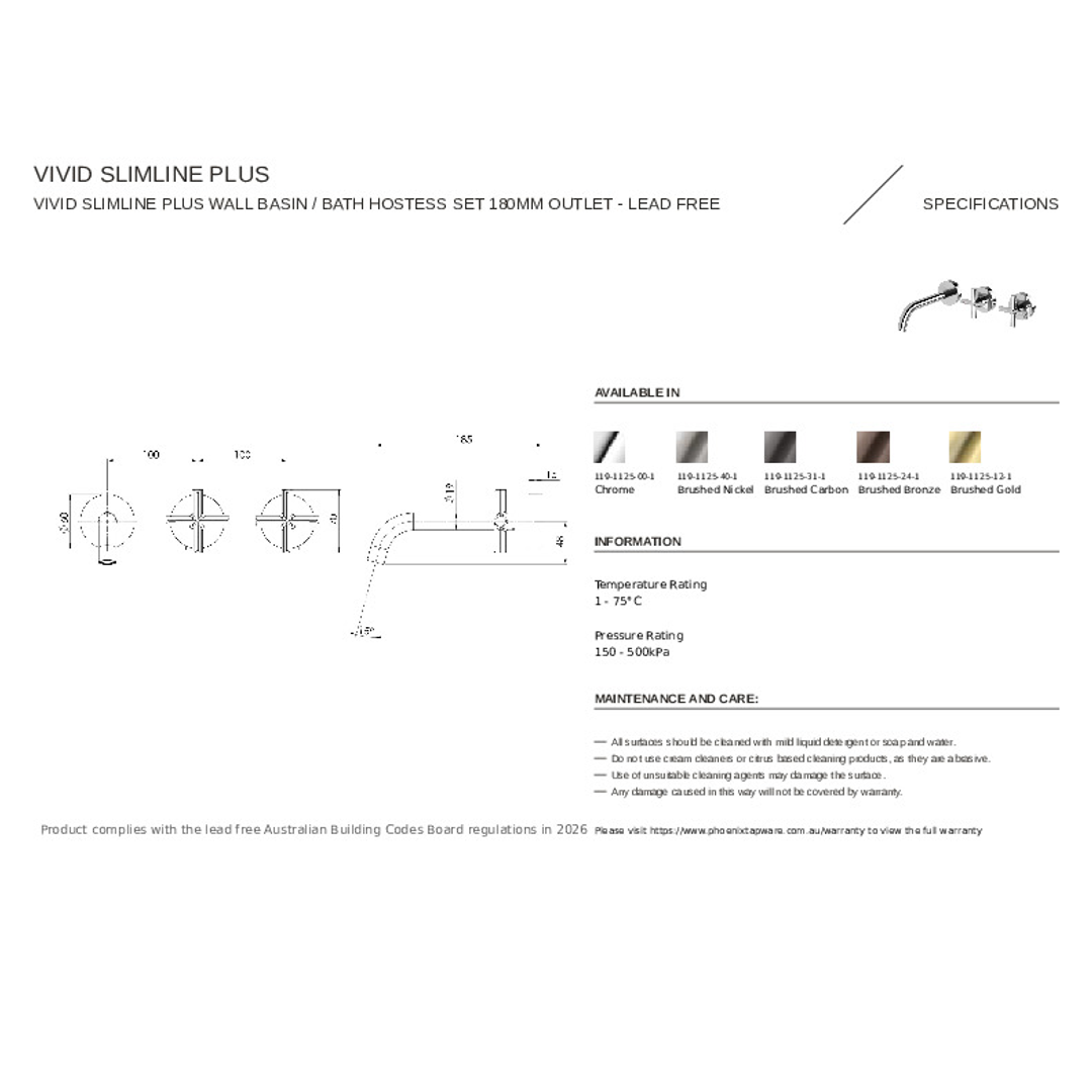 Phoenix Vivid Slimline Plus Wall Basin / Bath Hostess Set 180Mm - Brushed Bronze